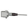 A generic render of a non-engraved CTC RTD side exit M12 vibration sensor attached to an M4RTR4 PPS connector with stainless steel locking ring.