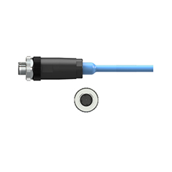 A stainless steel C307 data collector connector with black outer shell, on a blue CTC cable, above a front view of the connector showing the 5 pins.
