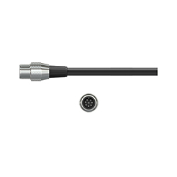 A side view of a stainless steel C566 data collector connector on a black CTC cable, above a front view of the connector showing the eight pins.