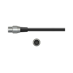 A side view of a stainless steel C576 data collector connector on a black CTC cable, above a front view of the connector showing the eight pins.