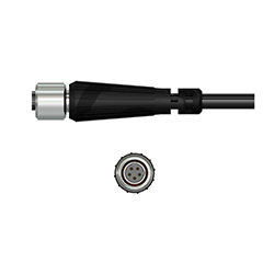 A side view of a stainless steel C563 data collector connector with a black molded strain relief, on a black CTC cable, above a front view of the connector showing the five sockets.
