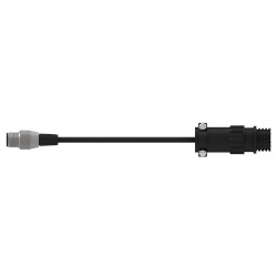 A side view of a CMX2148 data collector adapter with a smaller silver metal connector on the left end and a larger black connector on the right end, on a black CTC cable.