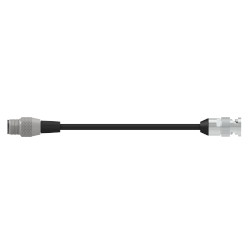 A side view of a CMX2149 data collector adapter with a metal connector on either end of a black CTC cable.