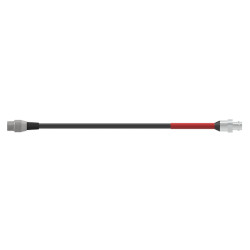 A side view of a CMX2171 data collector adapter with metal connectors on either end of a black CTC cable, and a red heat-shrink on the right connector.