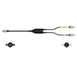 A side view of a CMX2252 data collector cable with one black cable and silver connector to the left side, with a splitter in the middle of the cable, and two black cables with silver metal connectors extending out of the right side of the splitter.