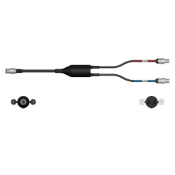 A side view of a CMX2261-E data collector cable with one black cable and silver connector to the left side, with a splitter in the middle of the cable, and two black cables with silver metal connectors extending out of the right side of the splitter.
