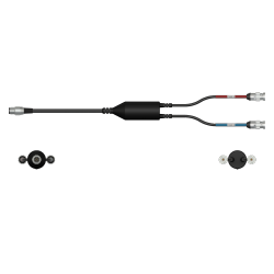 A side view of a CMX2261-F data collector cable with one black cable and silver connector to the left side, with a splitter in the middle of the cable, and two black cables with silver metal connectors extending out of the right side of the splitter.