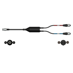 A side view of a CMX2261-T data collector cable with one black cable and silver connector to the left side, with a splitter in the middle of the cable, and two black cables with silver metal connectors extending out of the right side of the splitter.