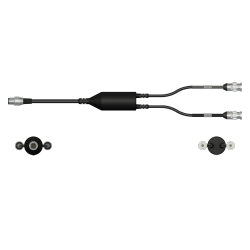 A side view of a CMX2262-F data collector cable with one black cable and silver connector to the left side, with a splitter in the middle of the cable, and two black cables with silver metal connectors extending out of the right side of the splitter.