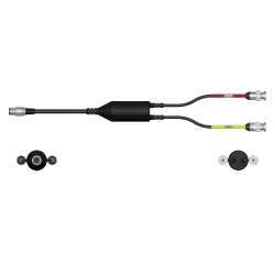 A side view of a CMX2272 data collector cable with one black cable and silver connector to the left side, with a splitter in the middle of the cable, and two black cables with silver metal connectors extending out of the right side of the splitter.