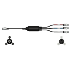 A side view of a CMX2275 data collector cable with one black cable and silver connector to the left side, with a splitter in the middle of the cable, and three black cables with silver metal connectors extending out of the right side of the splitter.