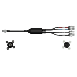 A side view of a CMX2277 data collector cable with one black cable and silver connector to the left side, with a splitter in the middle of the cable, and four black cables with silver metal connectors extending out of the right side of the splitter.