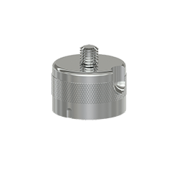 A circular, stainless steel MH107-3A quick disconnect receptacle with a knurled ring around the perimeter, a triaxial accelerometer locating notch on the top right edge, and a through-hole in the center of the top.