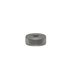A circular, stainless steel MH110-1A mounting magnet with a flat bottom, knurled grip around the outside edge, and a through-hole in the center of the magnet.