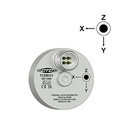 A render of a CTC TCEB331 stainless steel, circular triaxial accelerometer with axis orientation diagram.