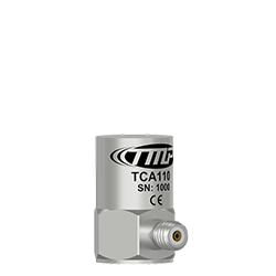 A render of a TMP Line TCA110 10 mV/g, ±10% lightweight titanium side exit accelerometer.