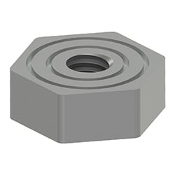 A render of a TMP Line MHT130 lightweight isolated mounting pad with 10-32 tapped hole and anodized aluminum hard coat.