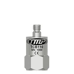 A small, top exit TMP Line vibration analysis sensor engraved with the TCB110 part number and other identifying product information.