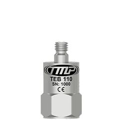 A small, top exit TMP Line vibration analysis sensor engraved with the TEB110 part number and other identifying product information.