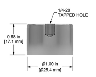 drawing of a magnet in a stainless steel circular case, with a tapped hole in the center of the top, showing the height dimension of 0.68 inch and the diameter dimension of 1.00 inch