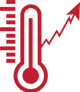 an icon of a thermometer measuring a high temperature, representing robust durability in hot conditions