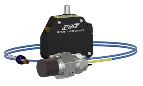 a black 25 mm proximity probe driver engraved with the PRO Line logo surrounded by a probe tip on a blue extension cable