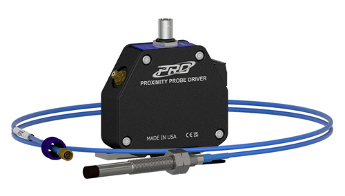 a black 8 mm proximity probe driver engraved with the PRO Line logo surrounded by a probe tip on a blue extension cable