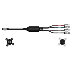 An render of a CTC CMX2277 data collector adapter with red, blue, grey, and black heat shrinks.