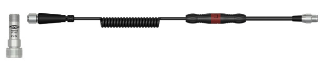 A CTC UEB332 mini size, top exit vibration sensor on an MH136-1A mounting magnet, next to an industrial cable assembly with coiled cable and breakaway safety feature