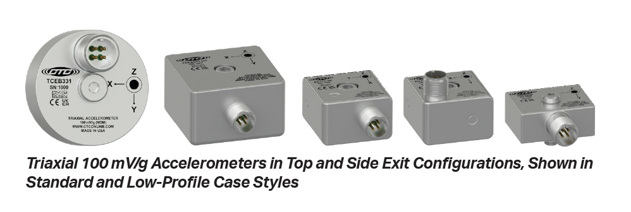 five CTC triaxial sensors for condition monitoring, in top and side exit configurations, lined up from largest (on left) to smallest (on right).
