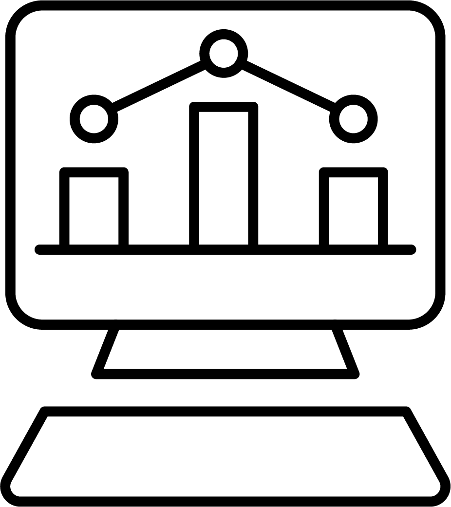 black and white line drawing of a computer screen with a chart displayed