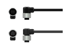 A front and side view of a black nylon, two-socket, right-angle A2Y connector with stainless steel locking ring above a front and side view of a black nylon, three-socket, right-angle A3Y connector.