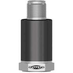 A render of a CTC MA Series molded sensor with stainless steel base and top exit connector.