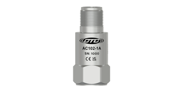 a rendering of a stainless steel CTC AC102 top exit accelerometer engraved with the CTC logo, part number, serial number, and certification logos