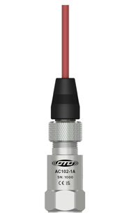 A CTC AC102 standard size, top exit, stainless steel accellerometer connected to an black A2A connector with stainless steel locking ring on a CB102 red jacketed cable
