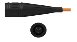 side and front view of CTC's V3R black Viton Boot Connector with molded PPS insert on an orange cable