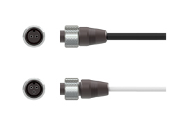 A front and side view of a black PPS, two-socket A2R connector with stainless steel locking ring above a front and side view of a black PPS, three-socket A3R connector.