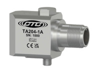 profile view of CTC's TA204 side exit, standard size, stainless steel condition monitoring sensor with CTC logo, part number, serial number. and certification logo engravings on side of case