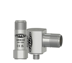 A stainless steel, mini size, top exit UEB332 ultrasound sensor next to a stainless steel, mini size, side exit UEA332 ultrasound sensor.