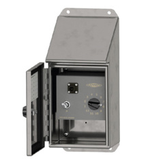 a CTC stainless steel modular enclosure with a sloped top, with door open to show grey interior modular panel with black BNC connector, silver switch, and black dial