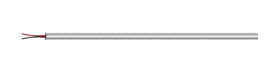 A segment of a CB206 stainless steel armor jacketed cable with two conductor wires (red, black) and a drain wire showing on the left side of the cable.