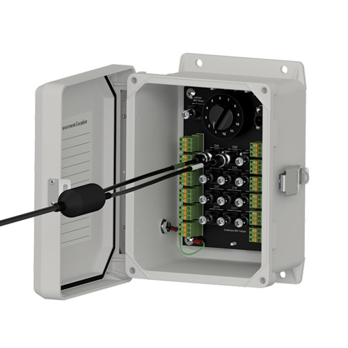 SB152 fiberglass switch box with open front showing a F2DB BNC connector attached