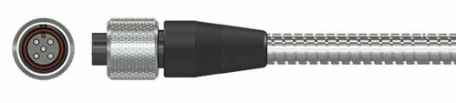 A side view and face-on view of a CTC M4TR2 industrial connector on a cable with a stainless steel braided armor jacket.