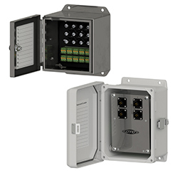 A stainless steel MX200 Series BNC connection box shown above a fiberglass MX300 series BNC connection box.