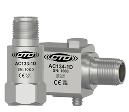 A standard size, top exit AC133-1D low frequency vibration sensor next to a standard size, side exit AC134-1D side exit vibration sensor.
