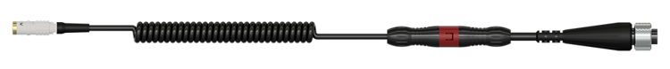 A render of a CTC cable assemble with CB108 coiled cable, C395 connector on left, K2C connector on right, and a safety feature in the middle.