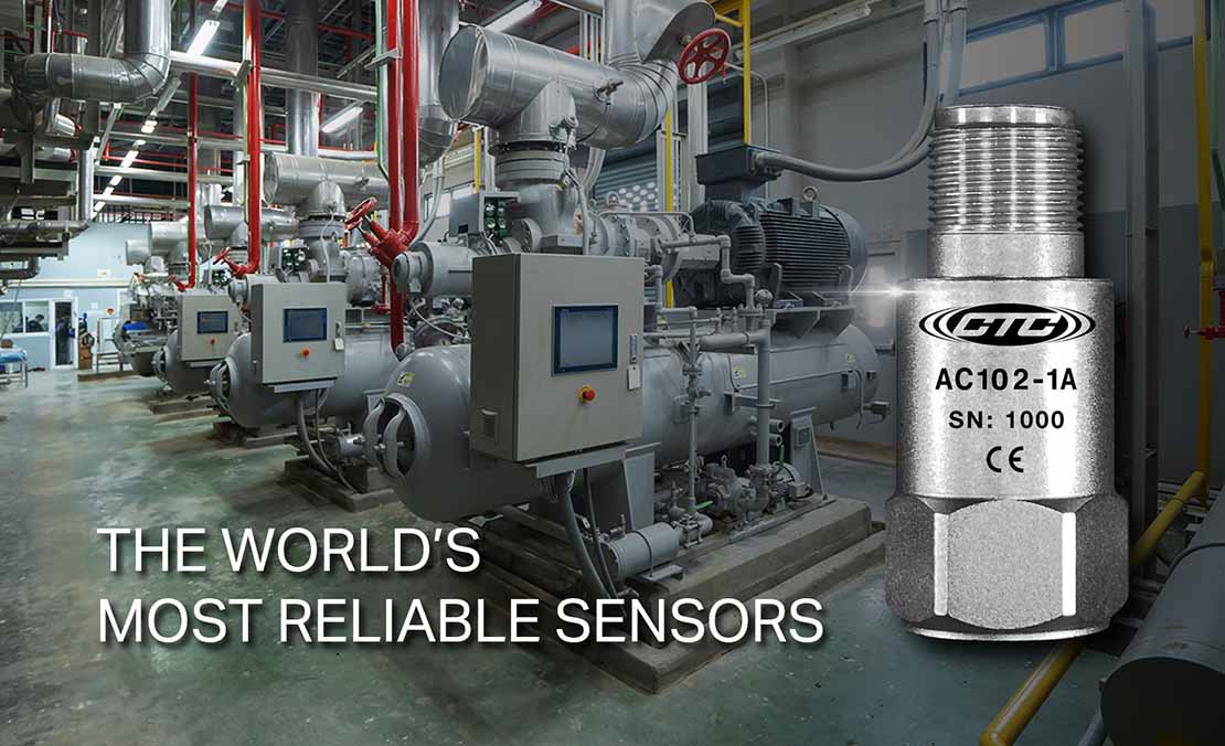 CTC's AC312 top exit, low power vibration monitoring sensor in front of a black and white photograph of industrial motors