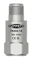 TA202 standard size, top exit, stainless steel vibration monitoring sensor with CE and UKCA logo engravings along with part number and CTC logo