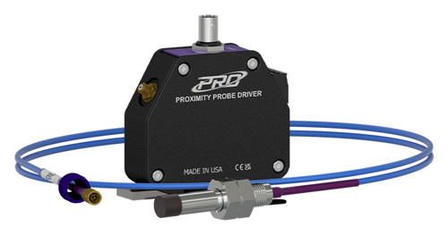 a black 11 mm proximity probe driver engraved with the PRO Line logo surrounded by a probe tip on a blue extension cable