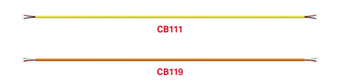 yellow FEP jacketed cable and orange FEP jacketed cabled, with exposed conductor wires at either end